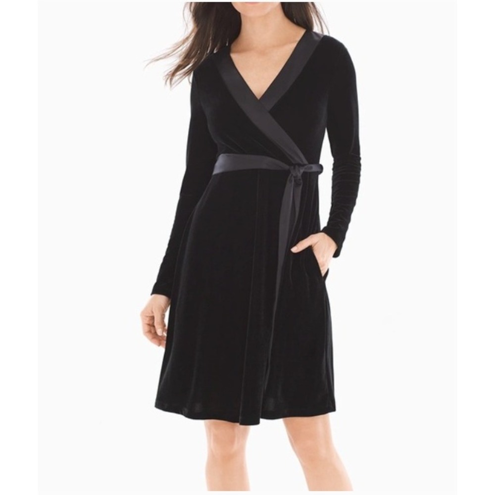 Soma Velvet Faux Wrap Dress Size M Black NEW Satin Trim Long Sleeve Pockets Chic